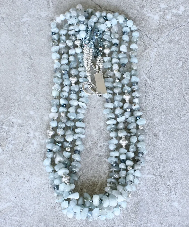 Aquamarine Nugget 4-Strand Necklace with Multi-Hued Czech Glass and Sterling Silver Beads & Toggle Clasp