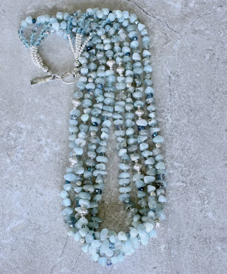 Aquamarine Nugget 4-Strand Necklace with Multi-Hued Czech Glass and Sterling Silver Beads & Toggle Clasp