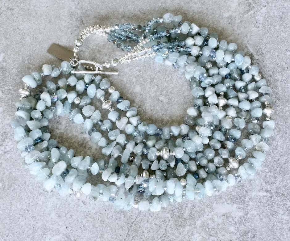 Aquamarine Nugget 4-Strand Necklace with Multi-Hued Czech Glass and Sterling Silver Beads & Toggle Clasp