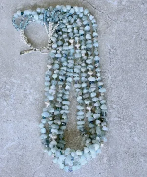 Aquamarine Nugget 4-Strand Necklace with Multi-Hued Czech Glass and Sterling Silver Beads & Toggle Clasp