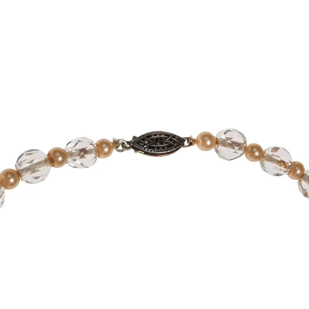 Art Deco Era Faux Pearl and Faceted Crystal Beaded Necklace
