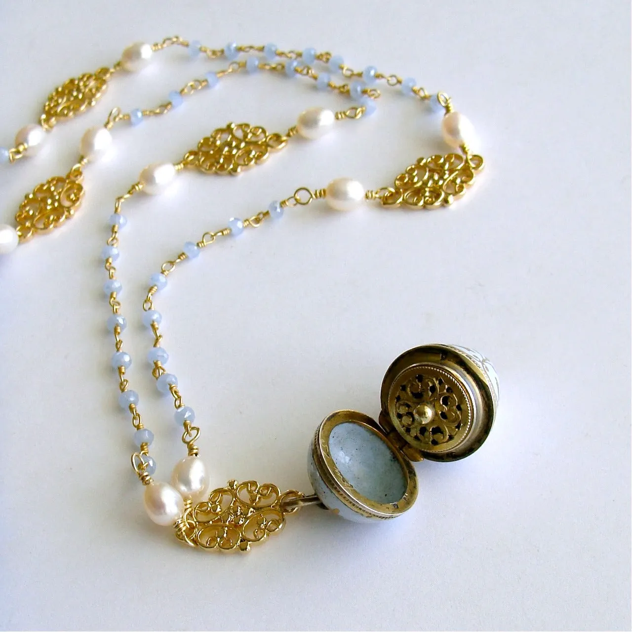 Austro-Hungarian Enamel Egg Vinaigrette Blue Chalcedony Pearls Filigree Necklace - Brezza Dolce III Necklace