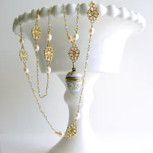 Austro-Hungarian Enamel Egg Vinaigrette Blue Chalcedony Pearls Filigree Necklace - Brezza Dolce III Necklace