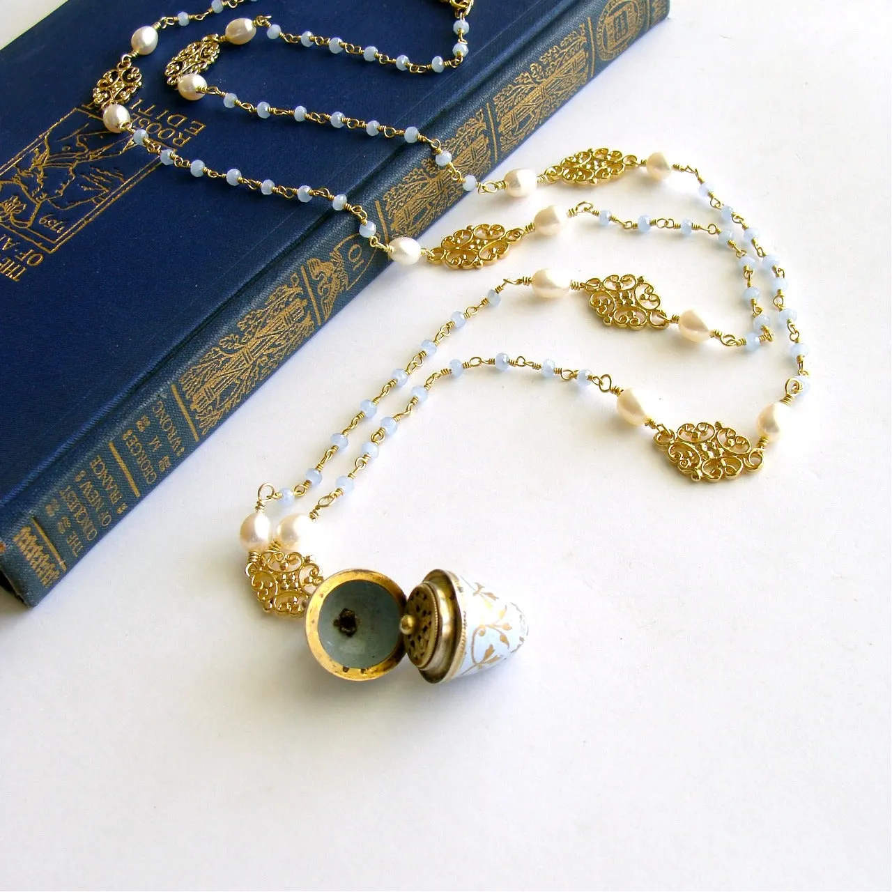 Austro-Hungarian Enamel Egg Vinaigrette Blue Chalcedony Pearls Filigree Necklace - Brezza Dolce III Necklace