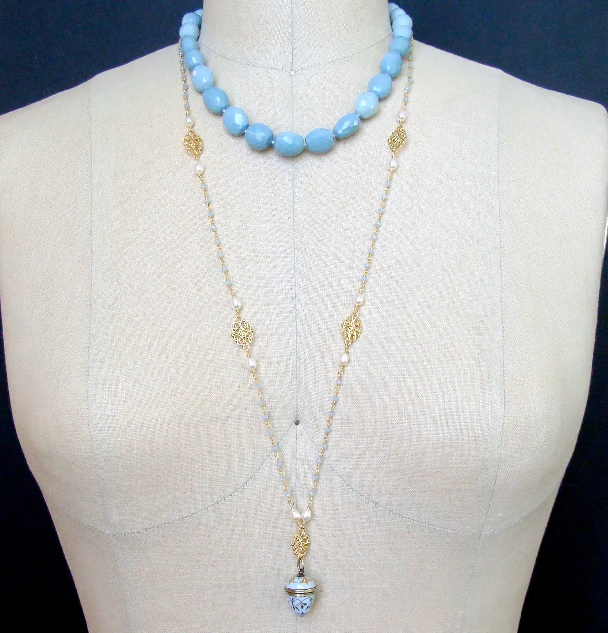 Austro-Hungarian Enamel Egg Vinaigrette Blue Chalcedony Pearls Filigree Necklace - Brezza Dolce III Necklace