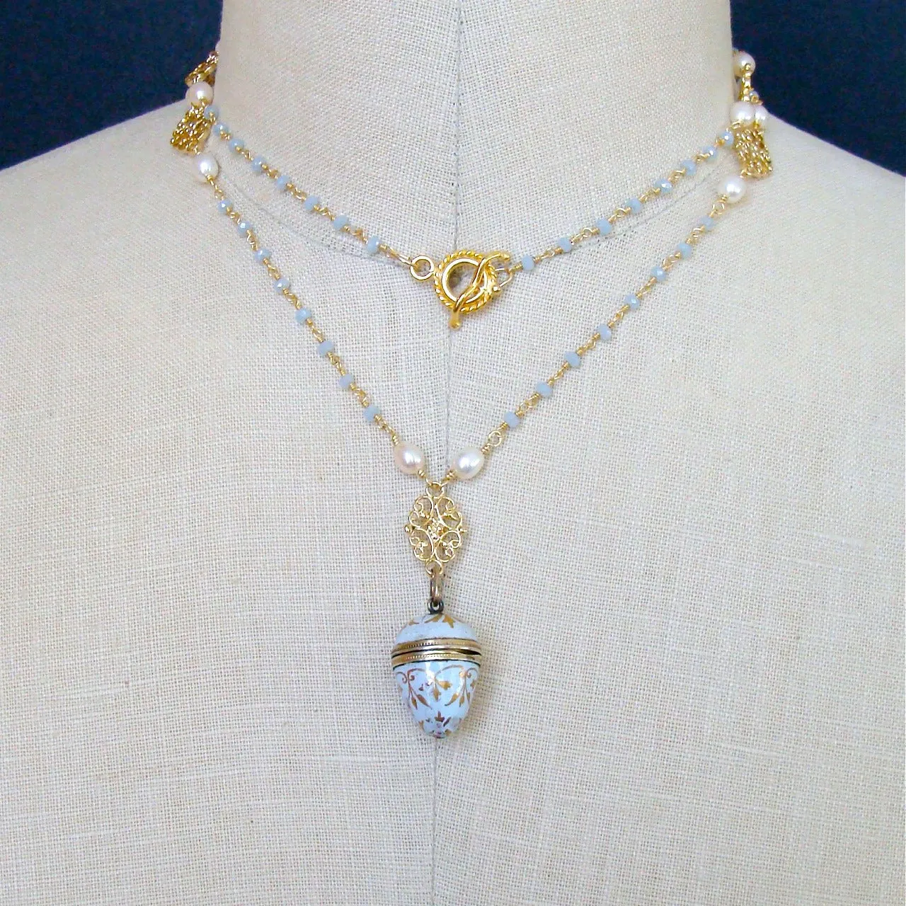 Austro-Hungarian Enamel Egg Vinaigrette Blue Chalcedony Pearls Filigree Necklace - Brezza Dolce III Necklace