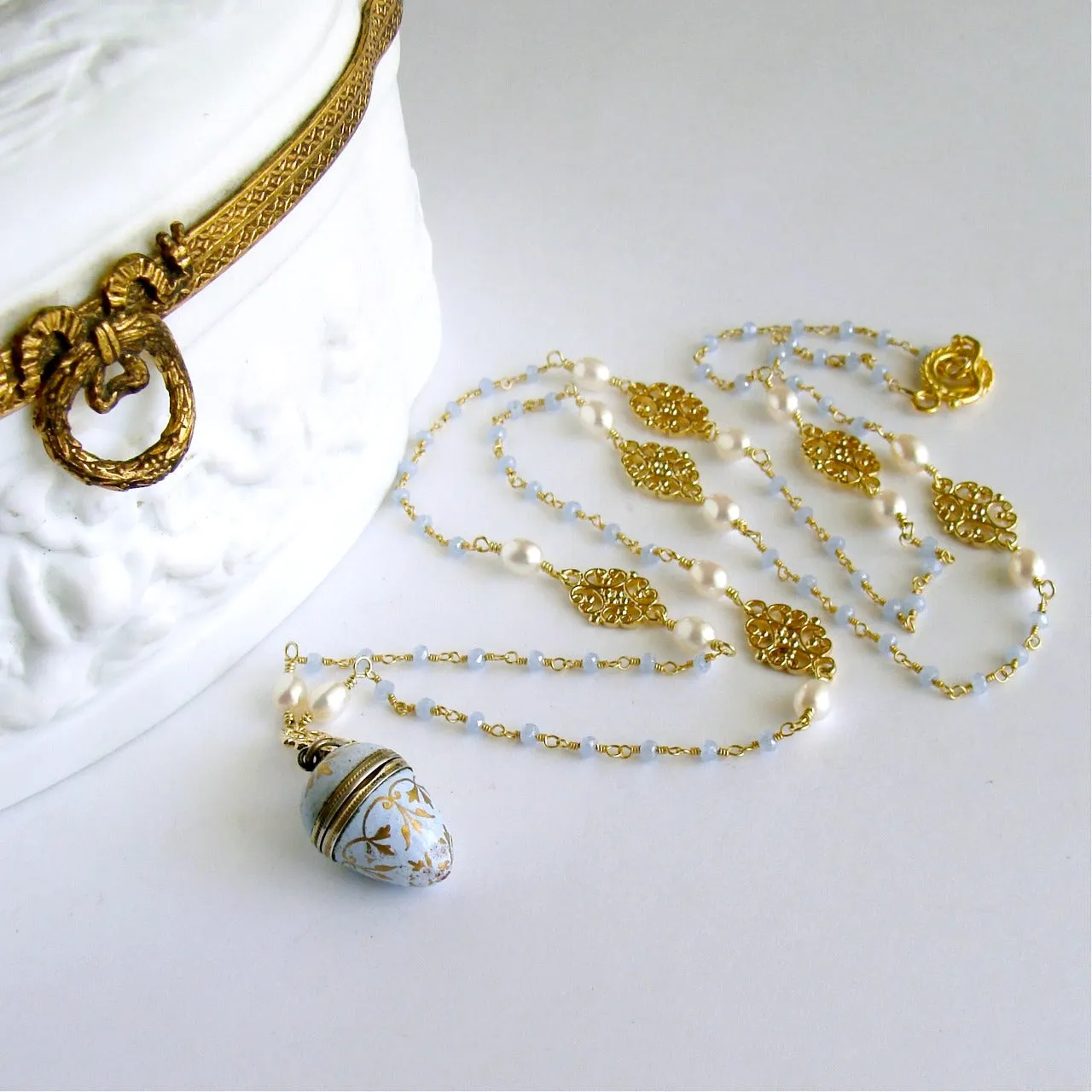 Austro-Hungarian Enamel Egg Vinaigrette Blue Chalcedony Pearls Filigree Necklace - Brezza Dolce III Necklace