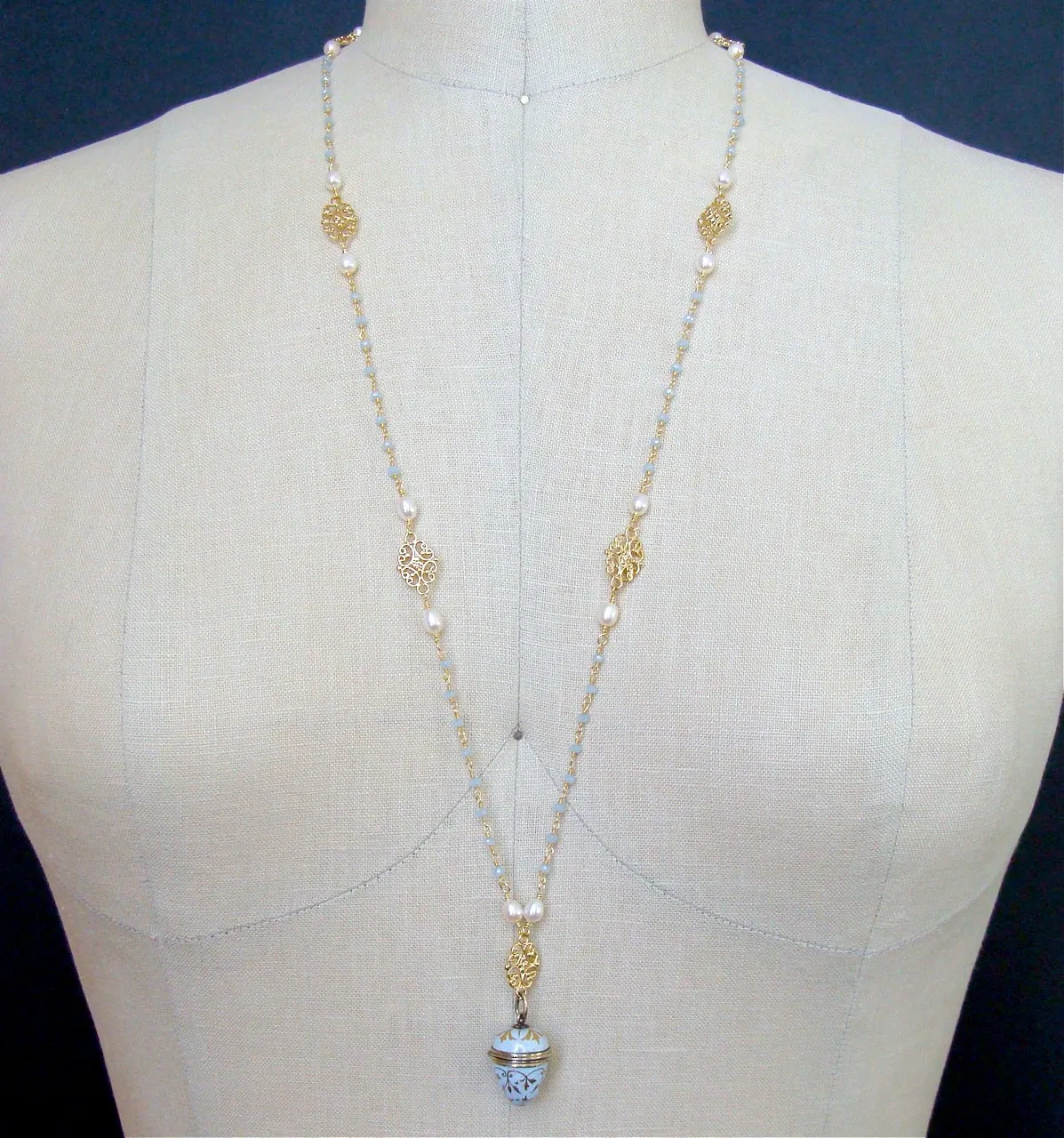 Austro-Hungarian Enamel Egg Vinaigrette Blue Chalcedony Pearls Filigree Necklace - Brezza Dolce III Necklace
