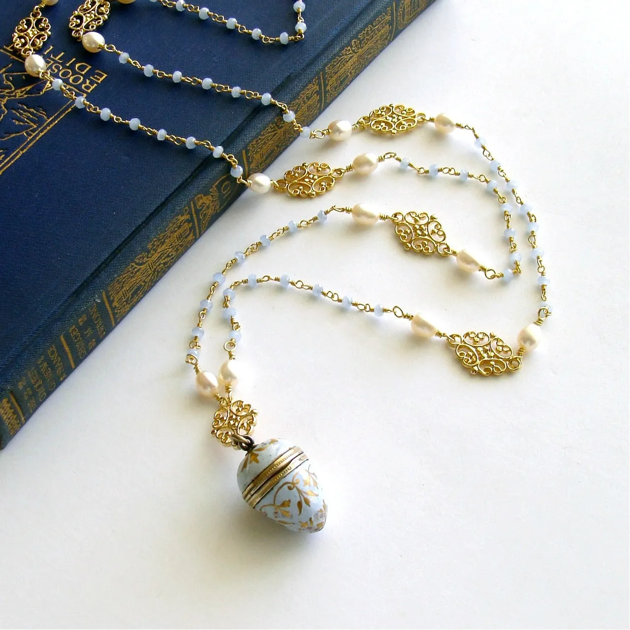 Austro-Hungarian Enamel Egg Vinaigrette Blue Chalcedony Pearls Filigree Necklace - Brezza Dolce III Necklace