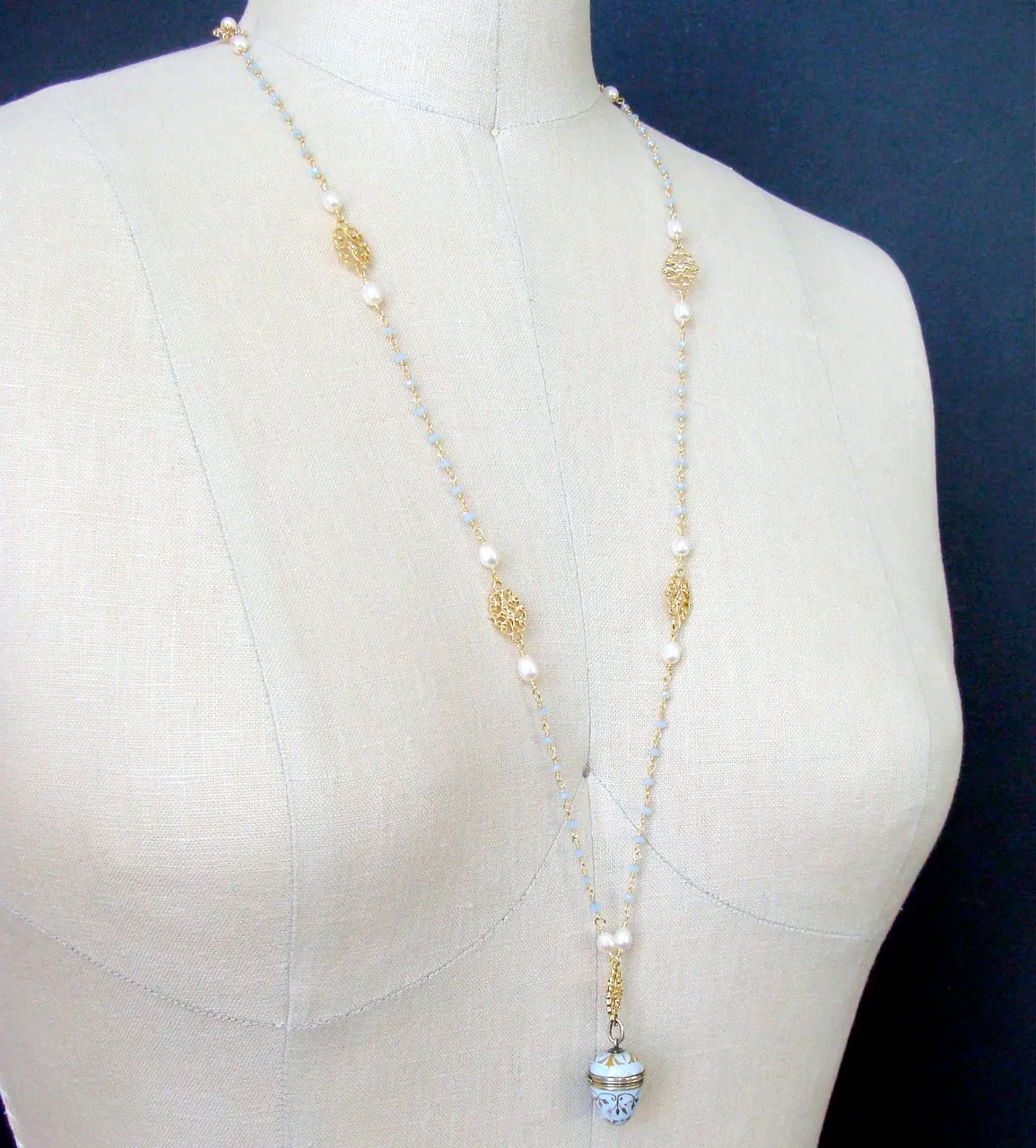 Austro-Hungarian Enamel Egg Vinaigrette Blue Chalcedony Pearls Filigree Necklace - Brezza Dolce III Necklace