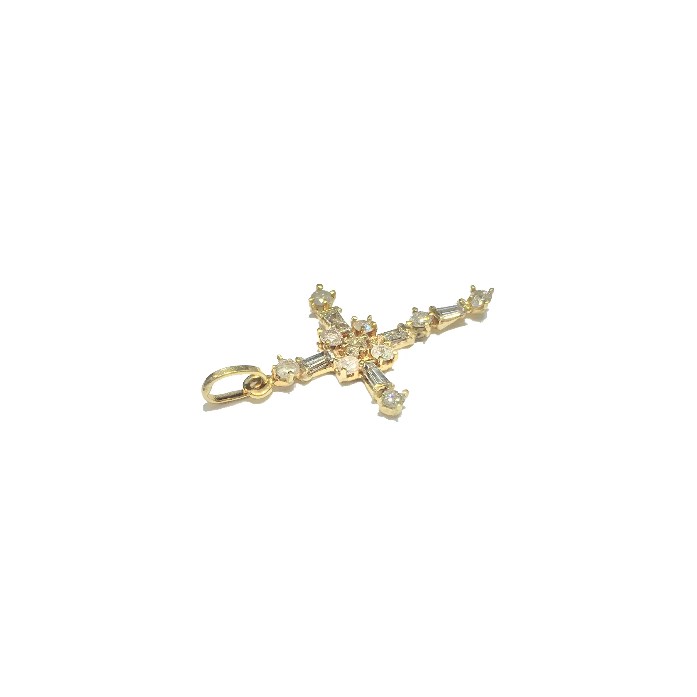 Baguette and Round Diamond Cross Pendant (14K)