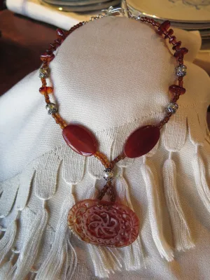 Beaded Amber and Cornelian Pendant Necklace