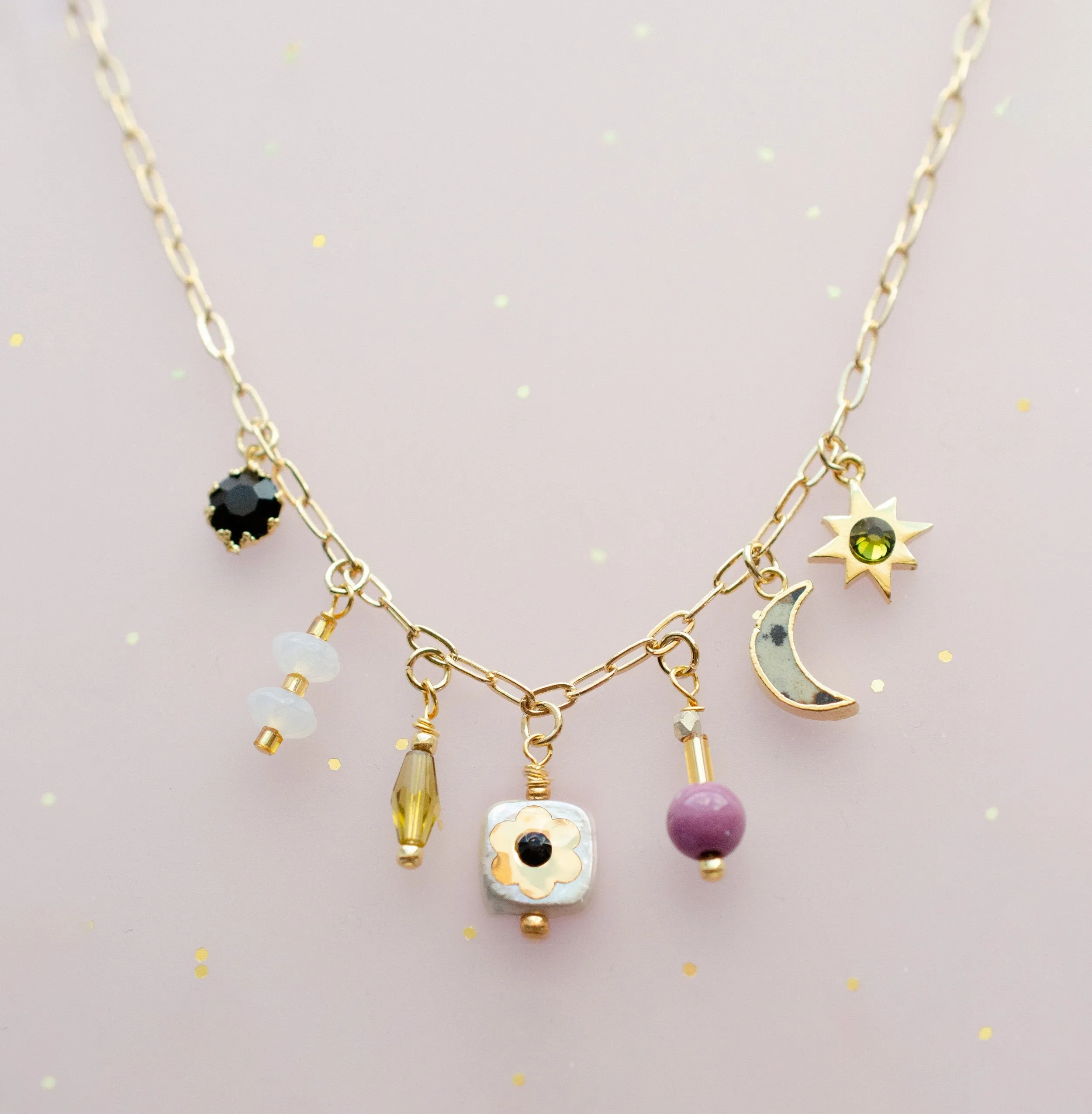 Beaded Charm Necklace, Handmade Necklace, Gemstone Charm Necklace, Handmade jewelry, Mother of pearl necklace, Moon and star necklace,