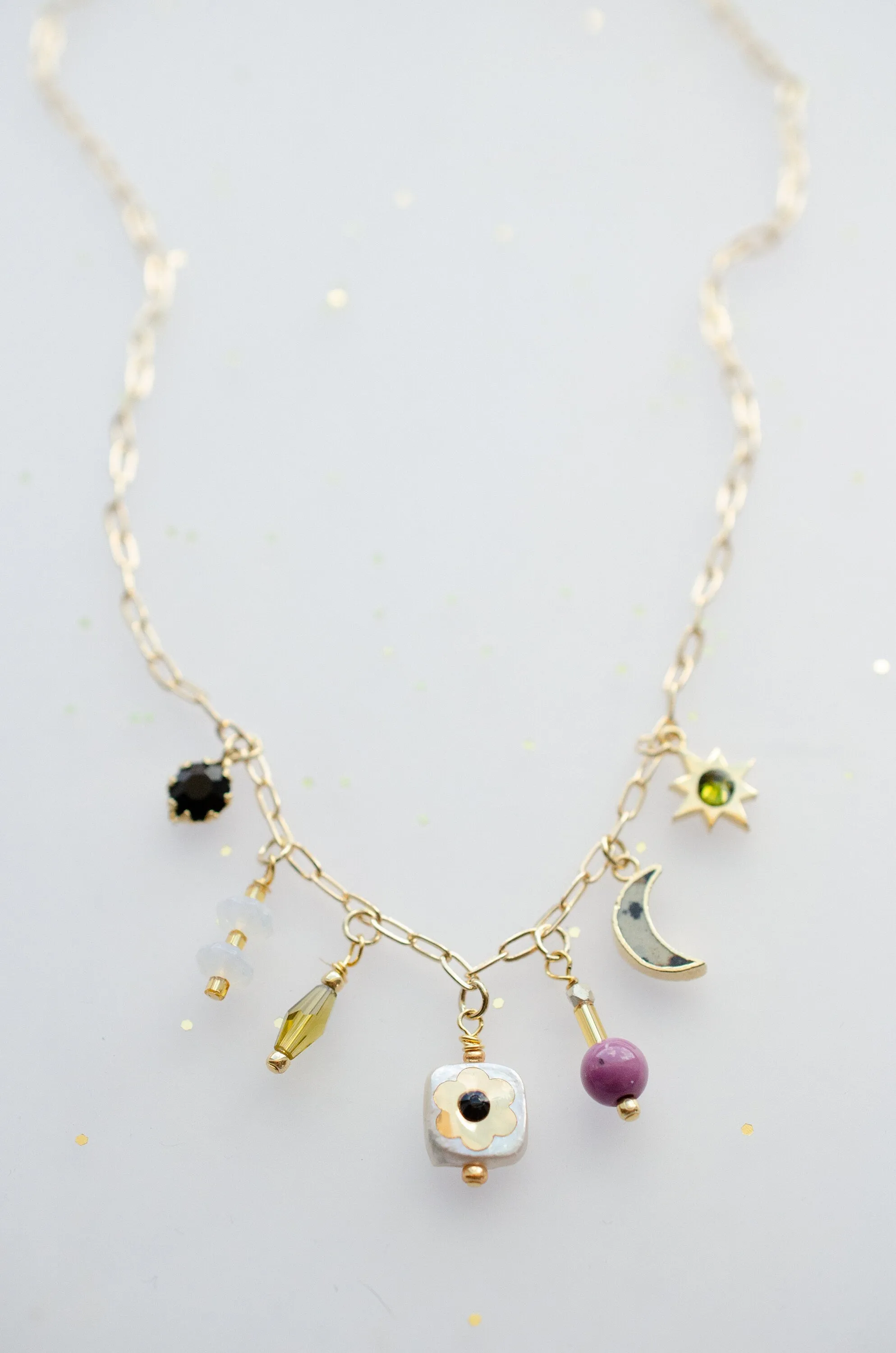 Beaded Charm Necklace, Handmade Necklace, Gemstone Charm Necklace, Handmade jewelry, Mother of pearl necklace, Moon and star necklace,