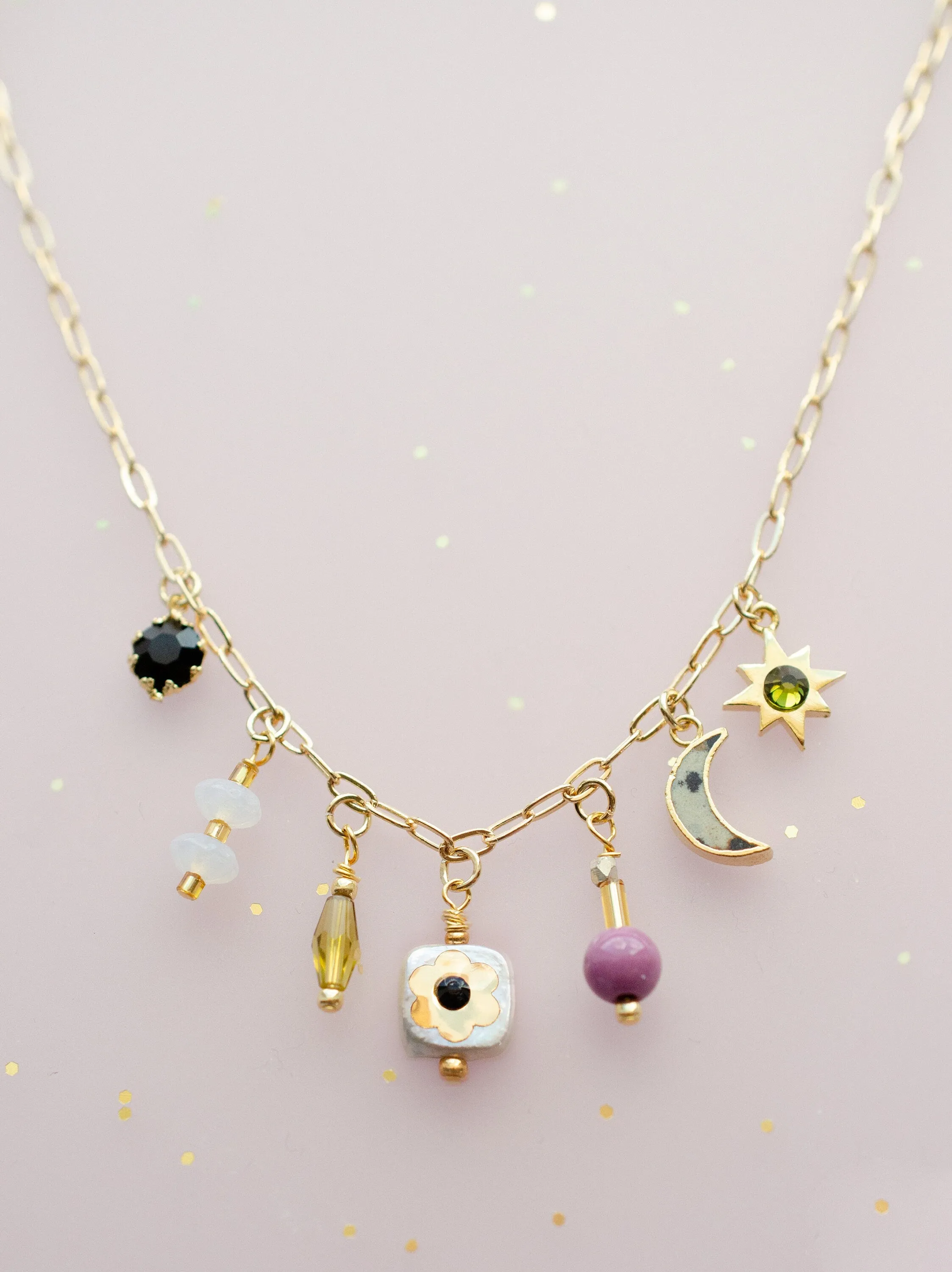 Beaded Charm Necklace, Handmade Necklace, Gemstone Charm Necklace, Handmade jewelry, Mother of pearl necklace, Moon and star necklace,