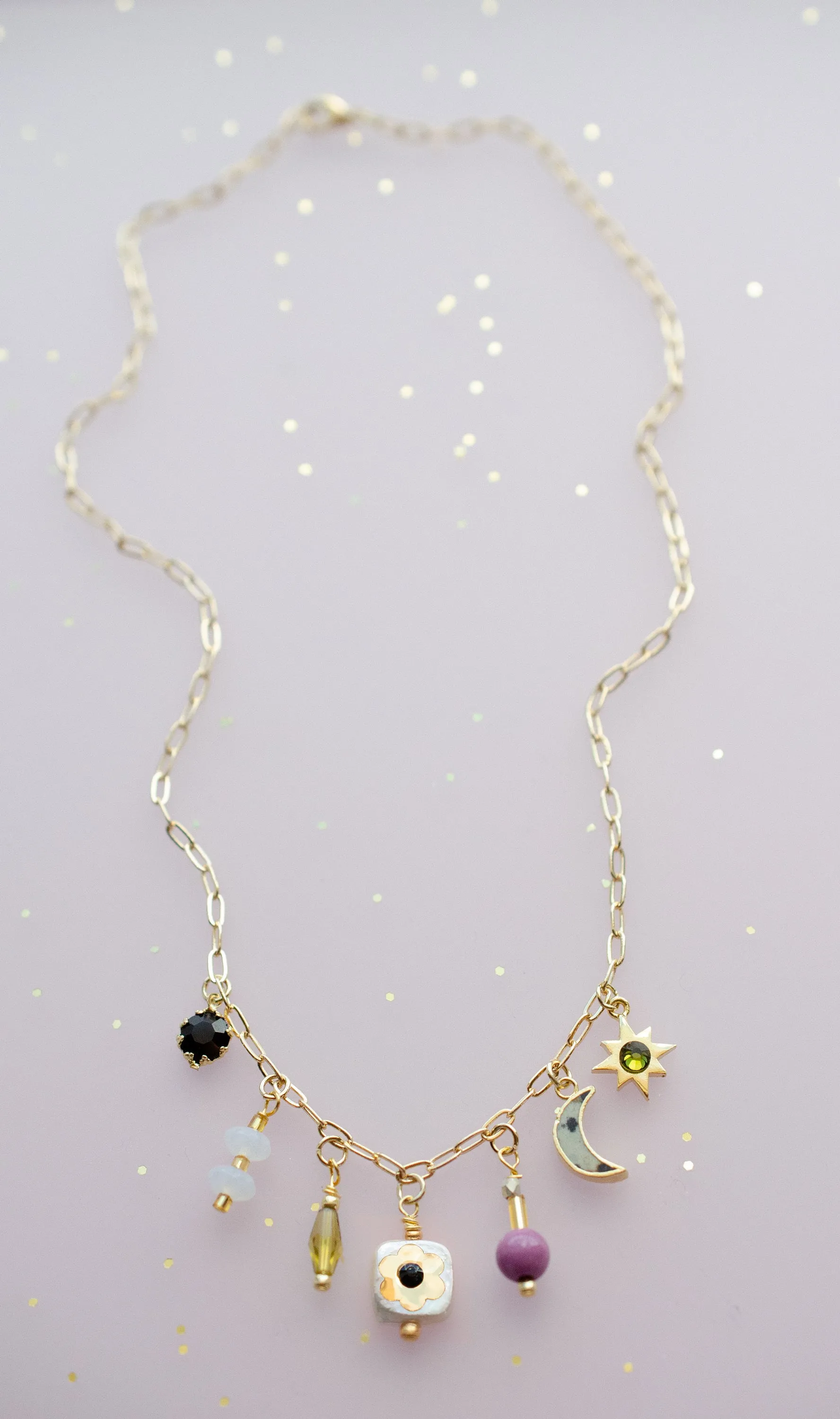 Beaded Charm Necklace, Handmade Necklace, Gemstone Charm Necklace, Handmade jewelry, Mother of pearl necklace, Moon and star necklace,