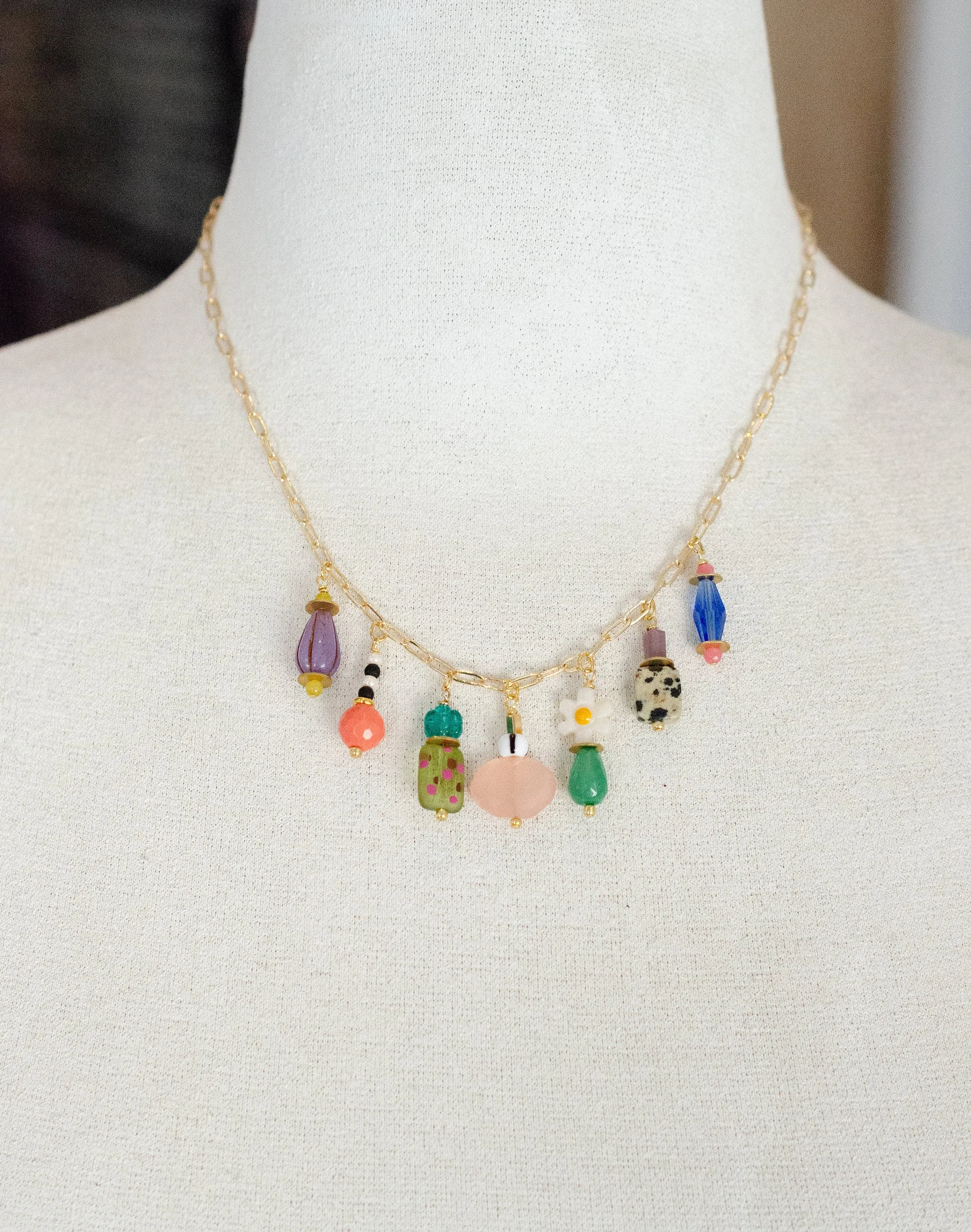 Beaded Charm Statement Necklace, Multi Charm necklace, Colorful beaded necklace, Flower charm necklace, Charm choker necklace,