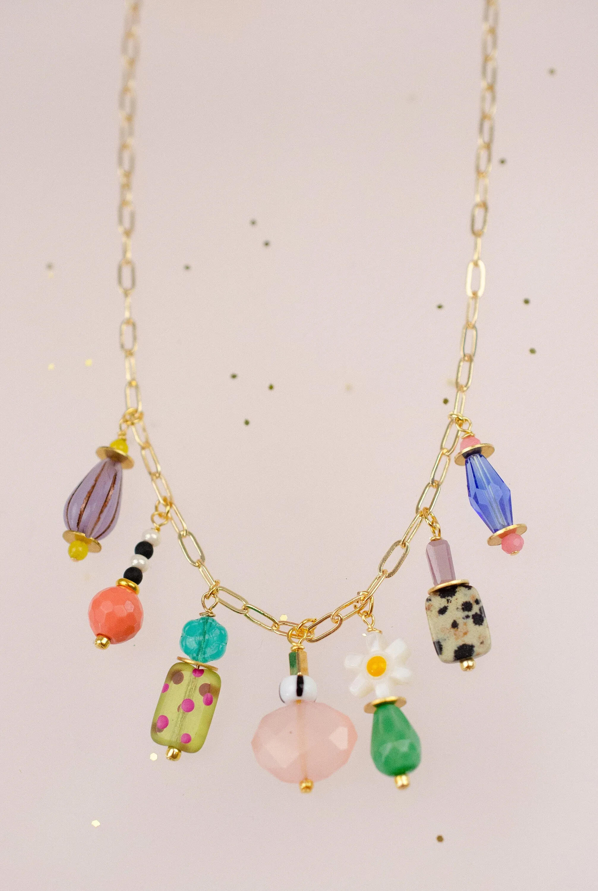 Beaded Charm Statement Necklace, Multi Charm necklace, Colorful beaded necklace, Flower charm necklace, Charm choker necklace,