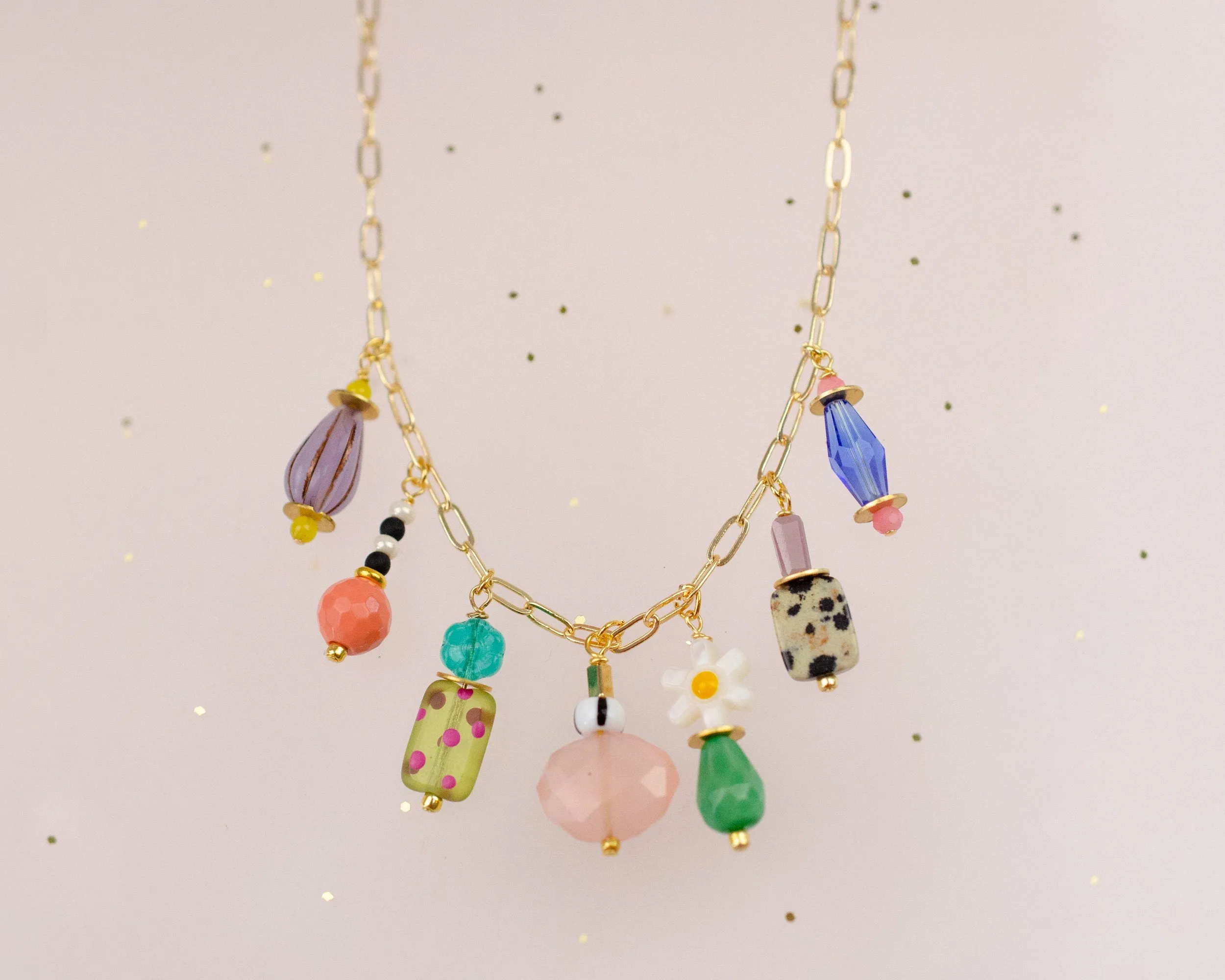 Beaded Charm Statement Necklace, Multi Charm necklace, Colorful beaded necklace, Flower charm necklace, Charm choker necklace,