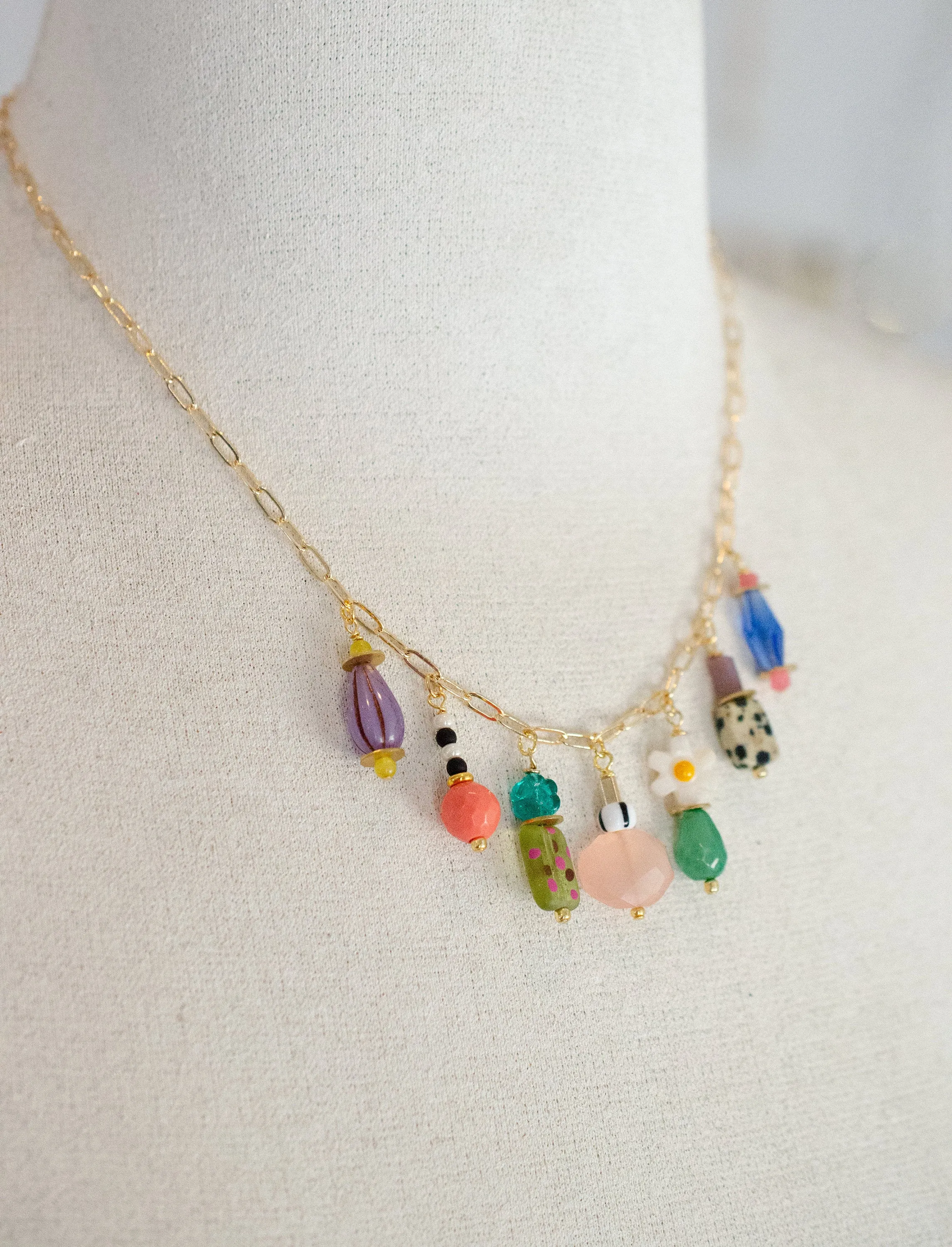 Beaded Charm Statement Necklace, Multi Charm necklace, Colorful beaded necklace, Flower charm necklace, Charm choker necklace,