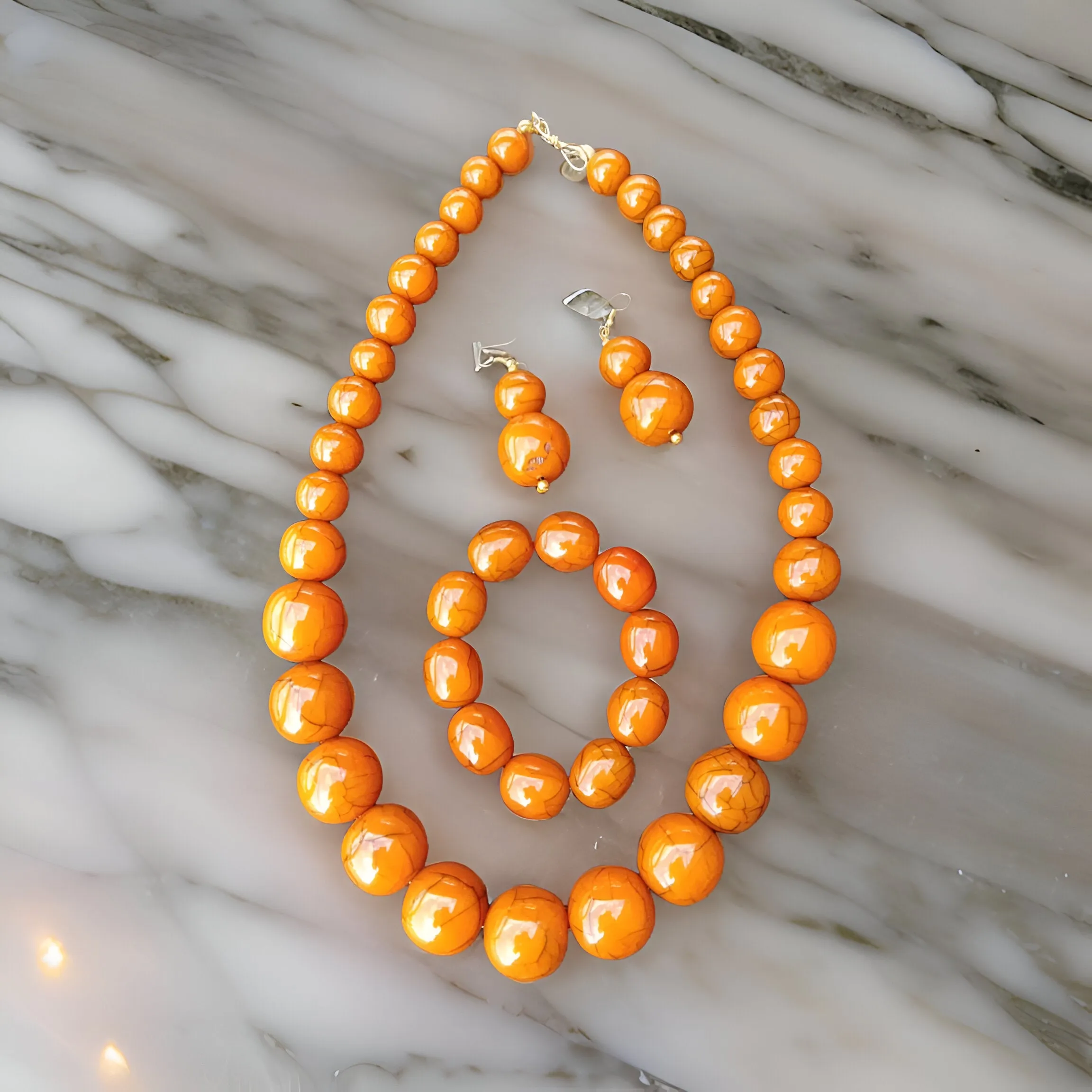 Beaded Round Marble Necklace, Bracelet and Earring Set