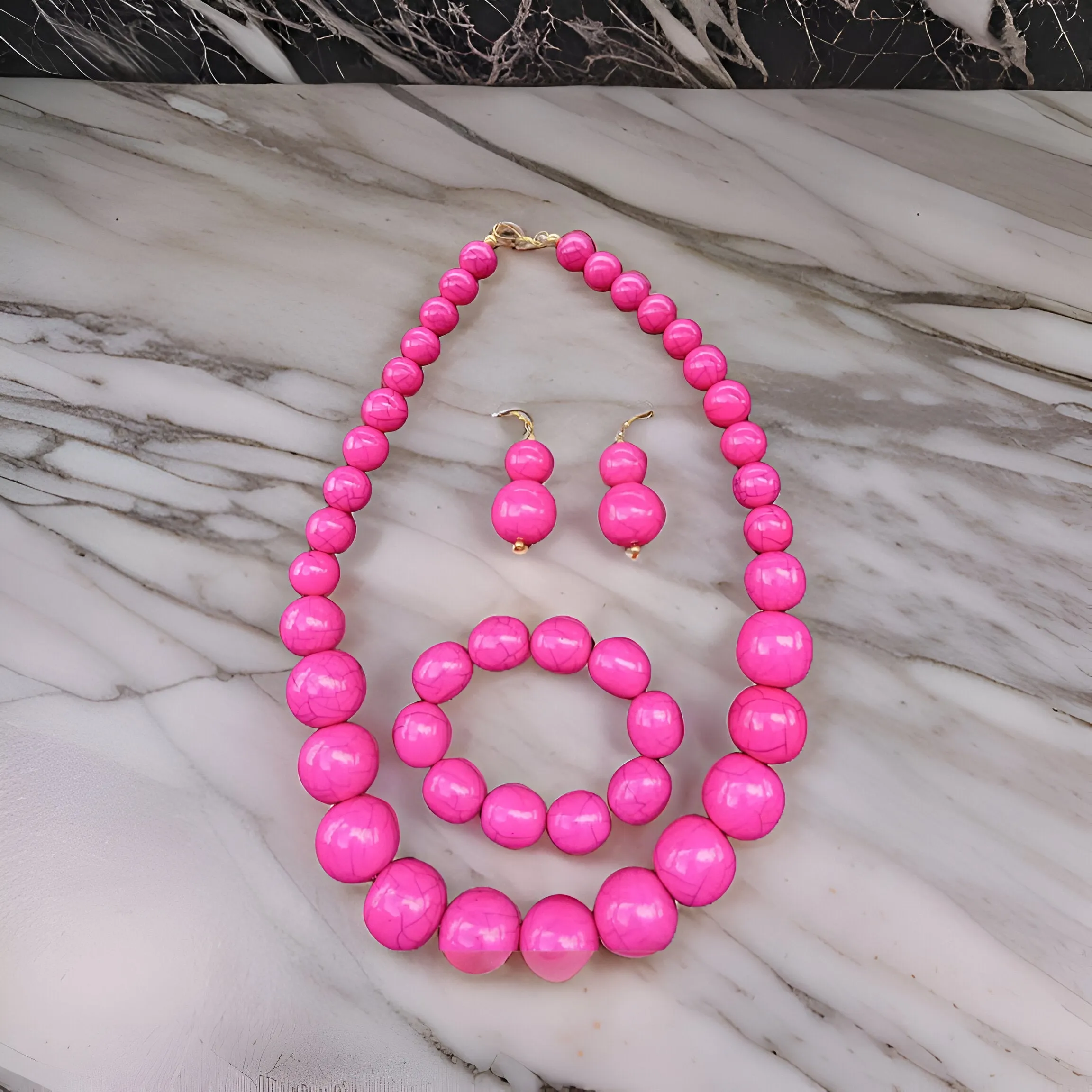 Beaded Round Marble Necklace, Bracelet and Earring Set