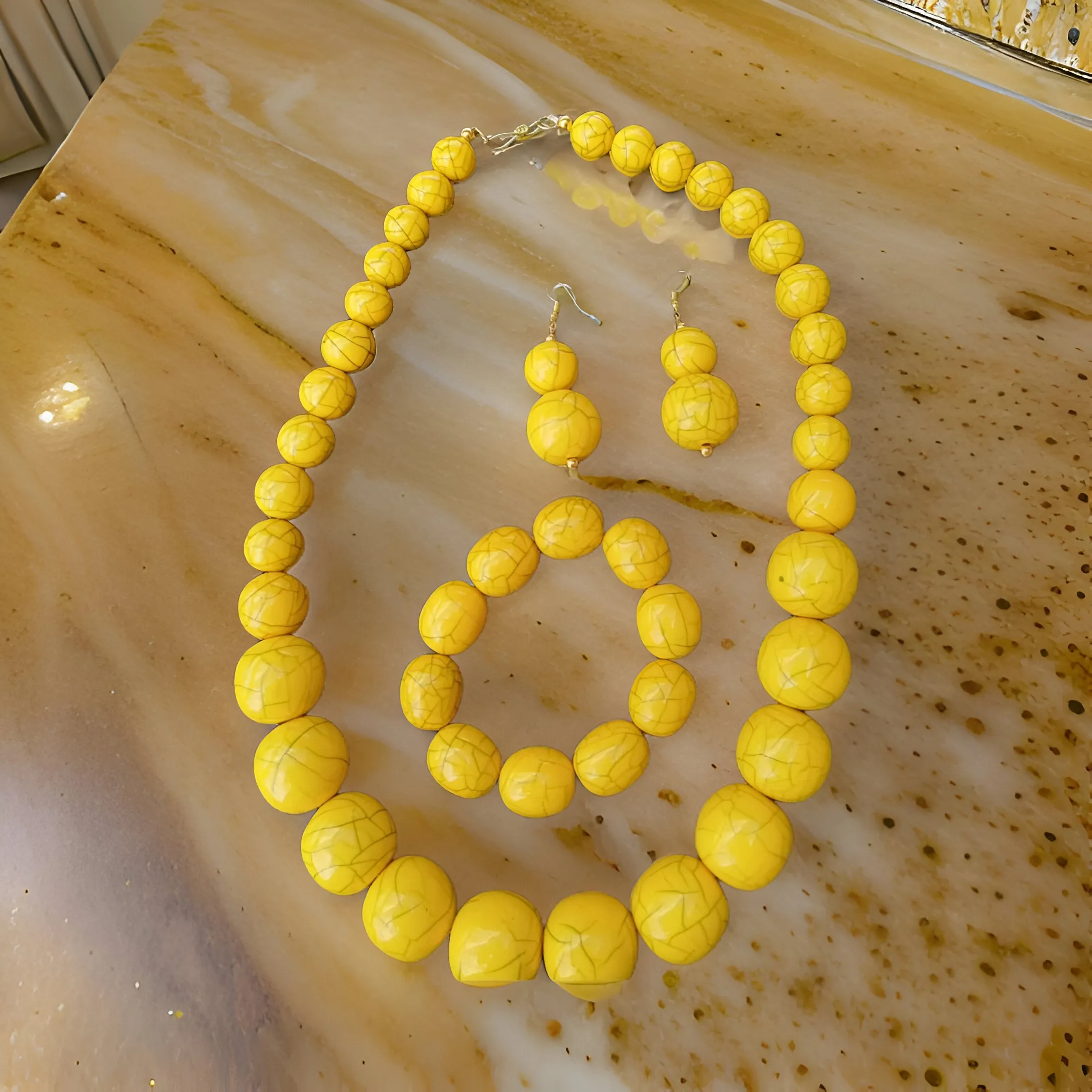 Beaded Round Marble Necklace, Bracelet and Earring Set