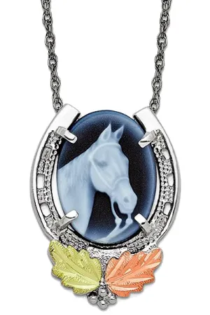 Beautiful Horse Blue Agate Cameo encased in a Landstrom's Black Hills Gold and Silver Horseshoe Pendant