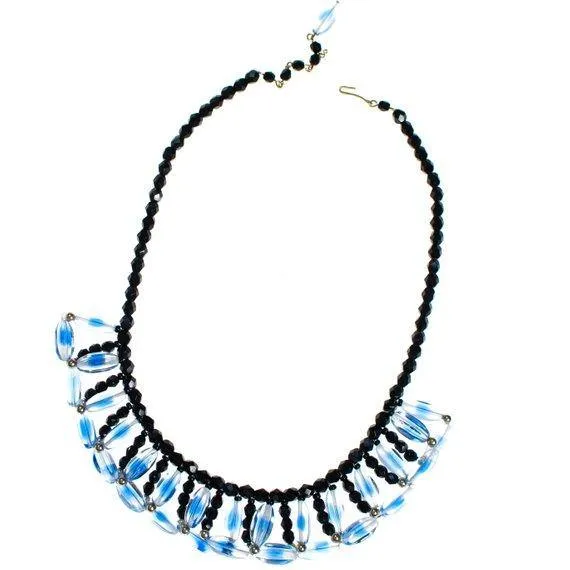 Black and Blue Vintage Glass Beaded Necklace, Glass Beads, Vintage Necklace, Silver Tone Beads