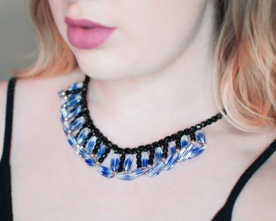 Black and Blue Vintage Glass Beaded Necklace, Glass Beads, Vintage Necklace, Silver Tone Beads
