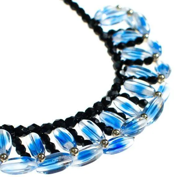 Black and Blue Vintage Glass Beaded Necklace, Glass Beads, Vintage Necklace, Silver Tone Beads