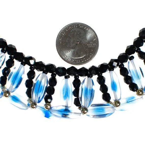 Black and Blue Vintage Glass Beaded Necklace, Glass Beads, Vintage Necklace, Silver Tone Beads