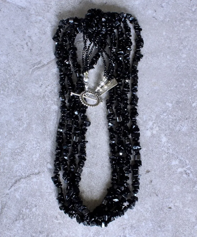 Black Onyx Chip 4-Strand Necklace with Hematite, Crystal, Czechoslovakian Nailheads and a Sterling Silver Toggle Clasp