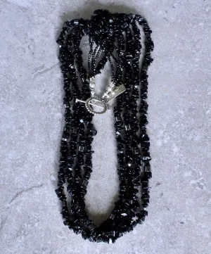Black Onyx Chip 4-Strand Necklace with Hematite, Crystal, Czechoslovakian Nailheads and a Sterling Silver Toggle Clasp