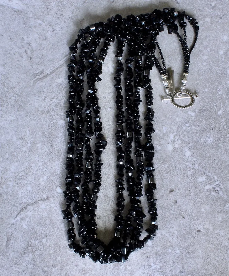 Black Onyx Chip 4-Strand Necklace with Hematite, Crystal, Czechoslovakian Nailheads and a Sterling Silver Toggle Clasp
