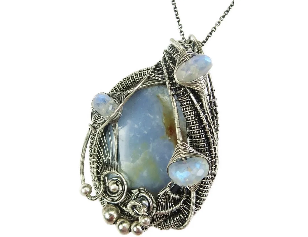 Blue Chalcedony & Rainbow Moonstone Pendant