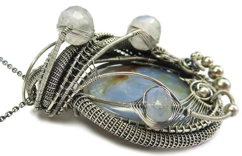 Blue Chalcedony & Rainbow Moonstone Pendant