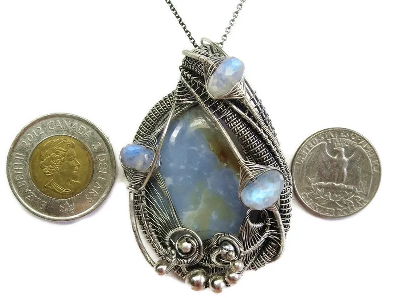 Blue Chalcedony & Rainbow Moonstone Pendant