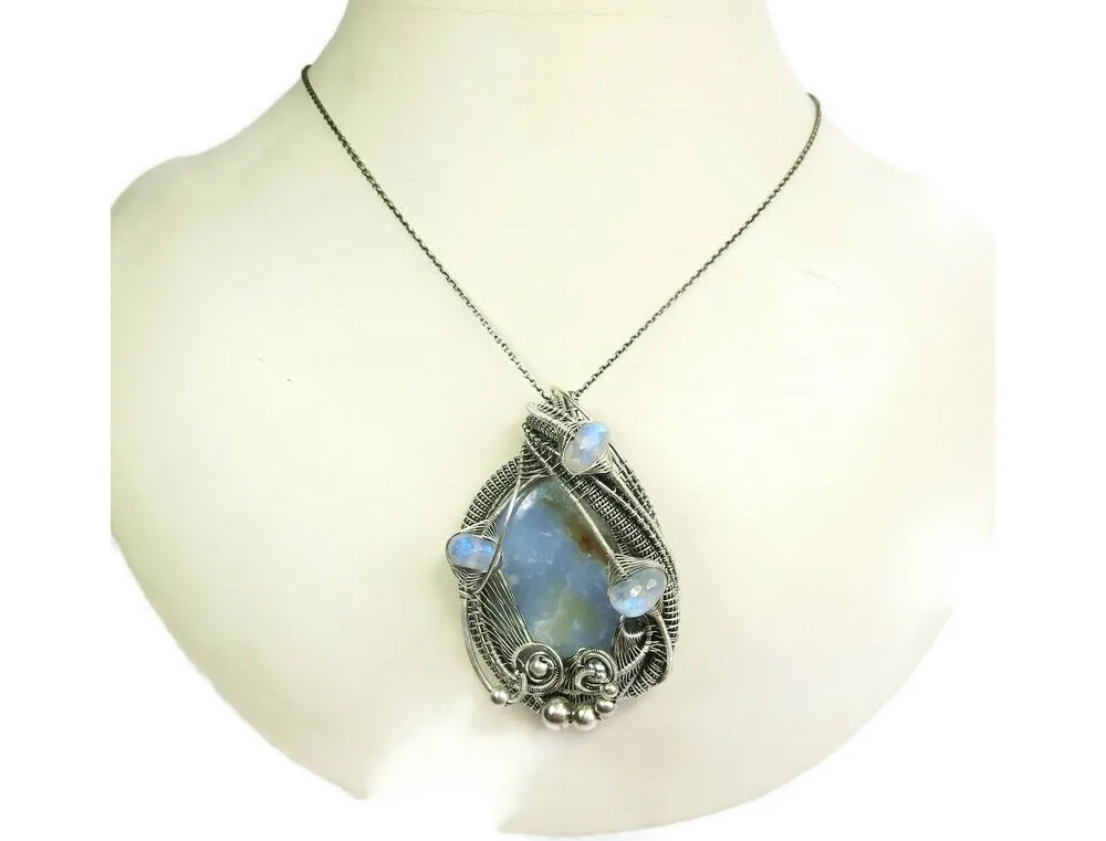 Blue Chalcedony & Rainbow Moonstone Pendant