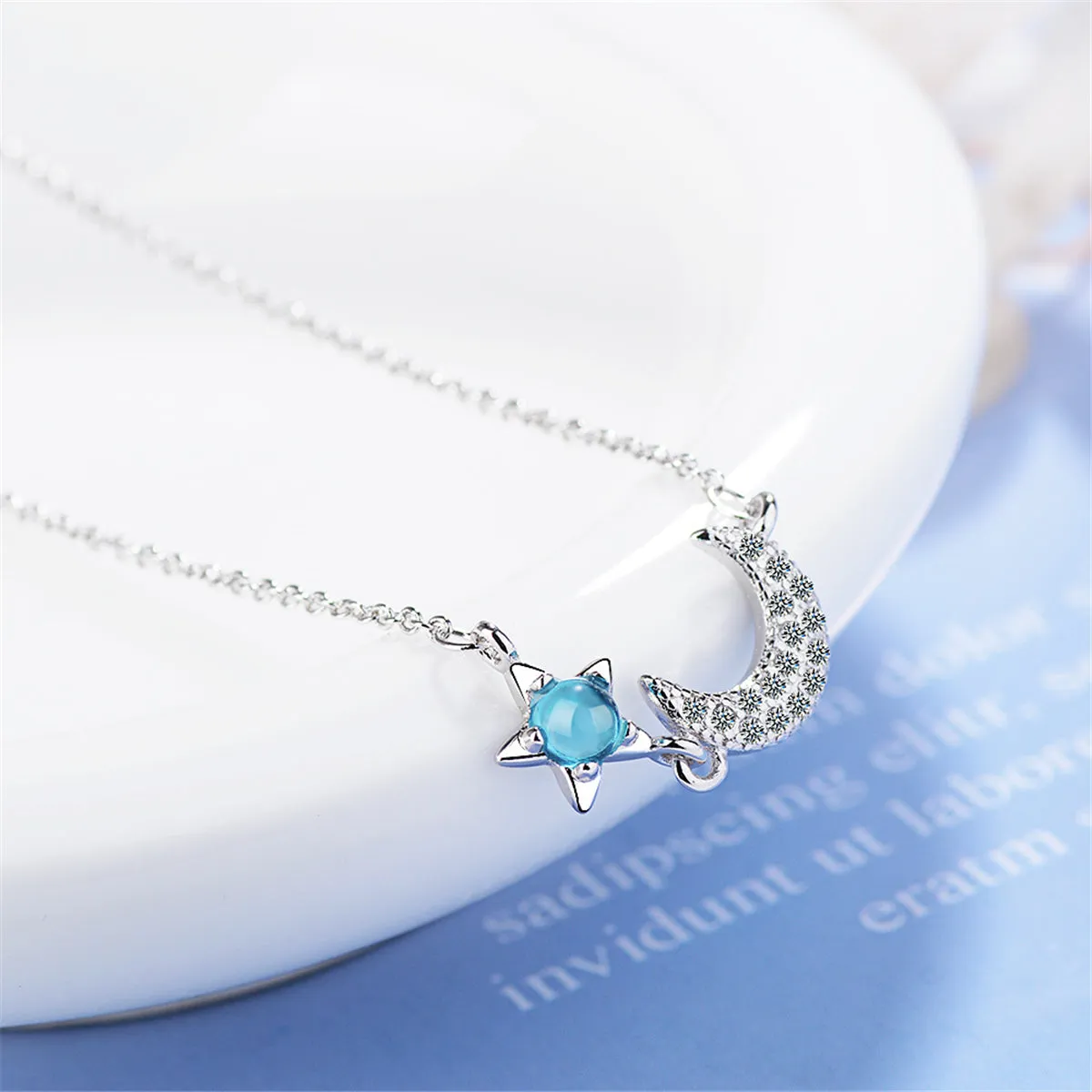 Blue Crystal & Cubic Zirconia Star & Moon Pendant Necklace