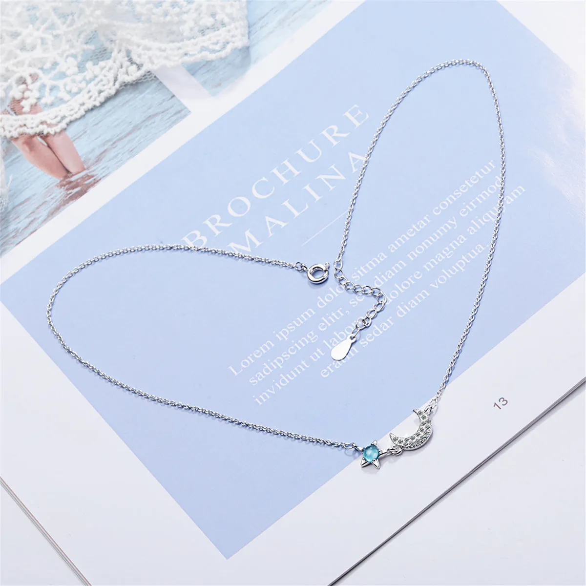 Blue Crystal & Cubic Zirconia Star & Moon Pendant Necklace