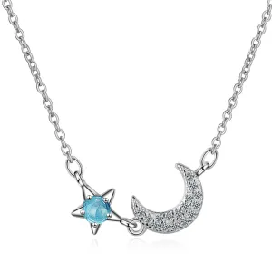 Blue Crystal & Cubic Zirconia Star & Moon Pendant Necklace