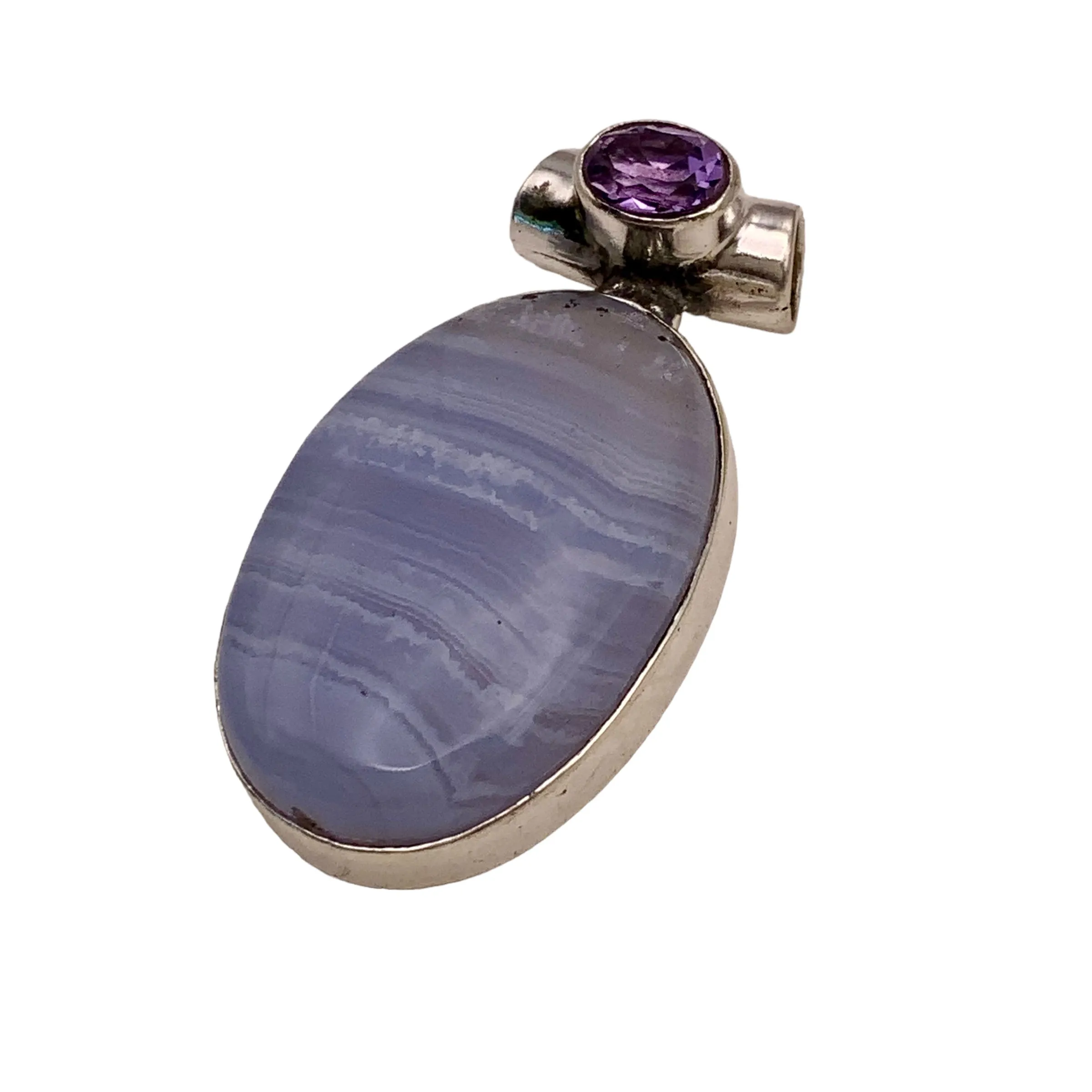 Blue Lace Agate & Amethyst Solid 925 Sterling Silver Pendant