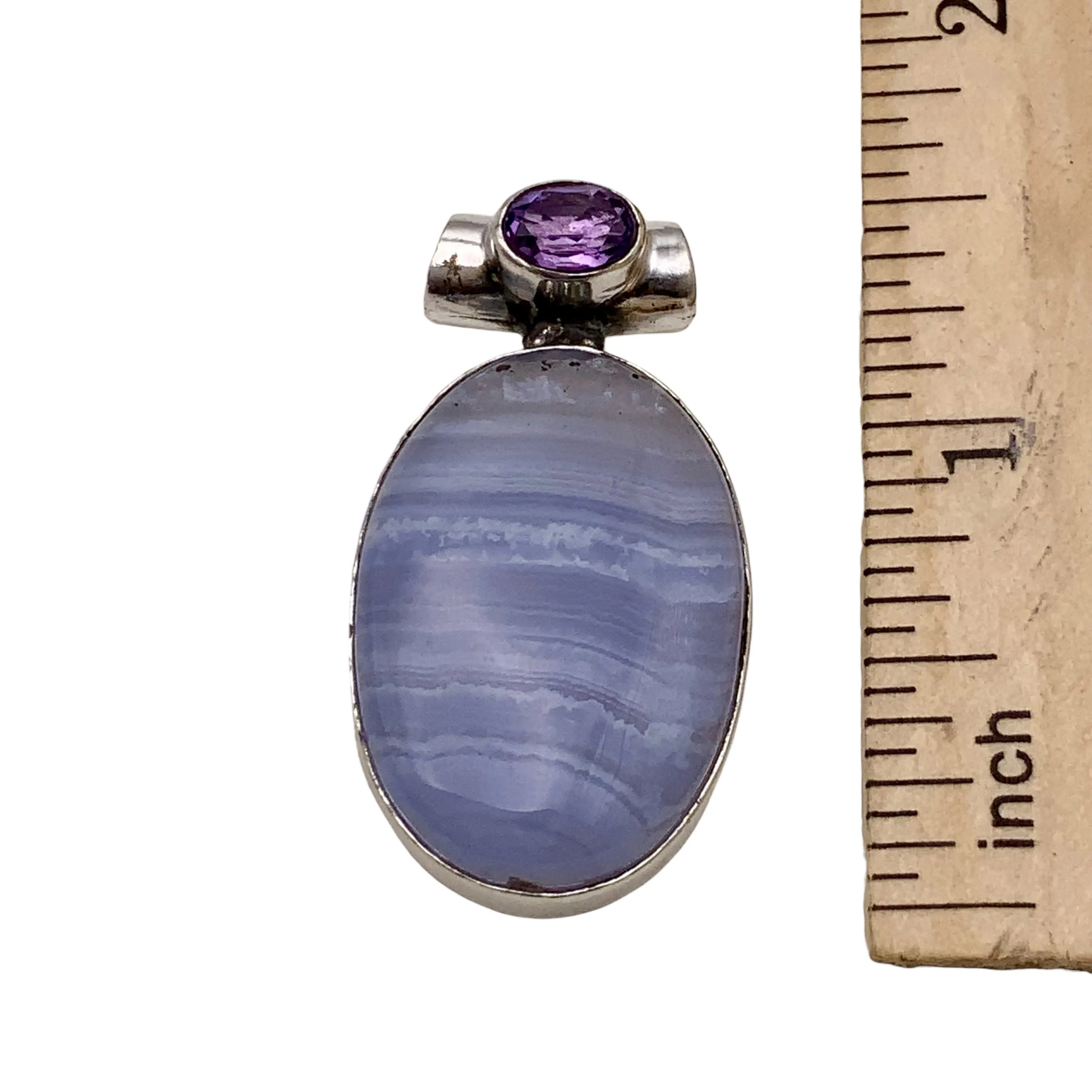 Blue Lace Agate & Amethyst Solid 925 Sterling Silver Pendant