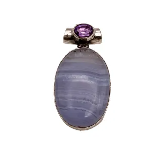 Blue Lace Agate & Amethyst Solid 925 Sterling Silver Pendant