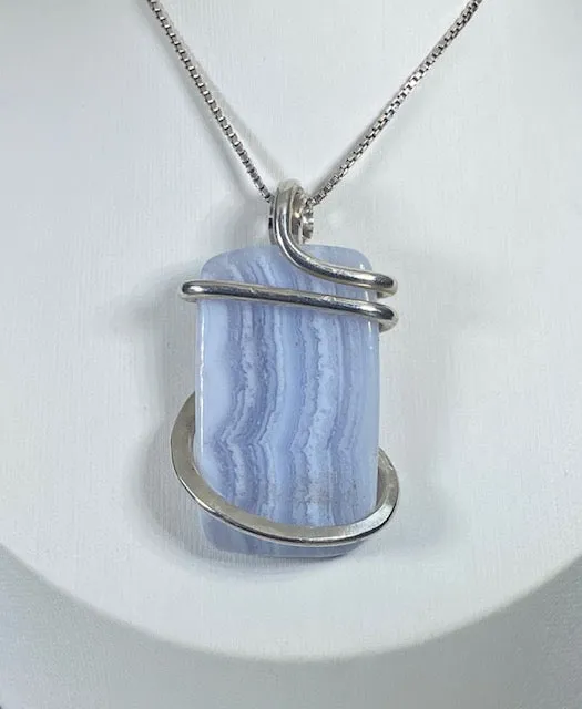 Blue Lace Agate Handmade Stone Pendant Wrapped in Silver