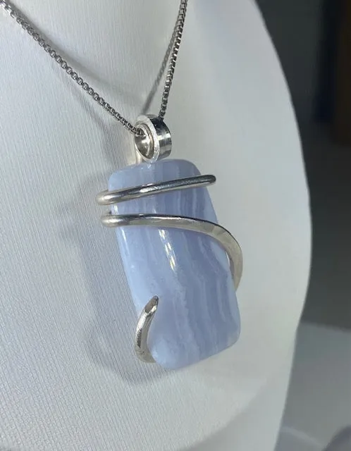 Blue Lace Agate Handmade Stone Pendant Wrapped in Silver