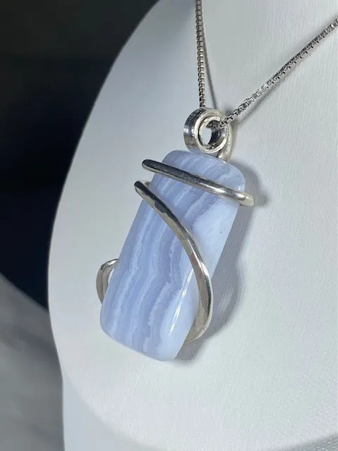 Blue Lace Agate Handmade Stone Pendant Wrapped in Silver