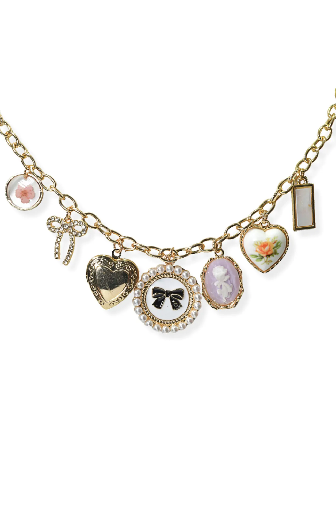 Bow Accent Flower & Heart Multi Charm Necklace