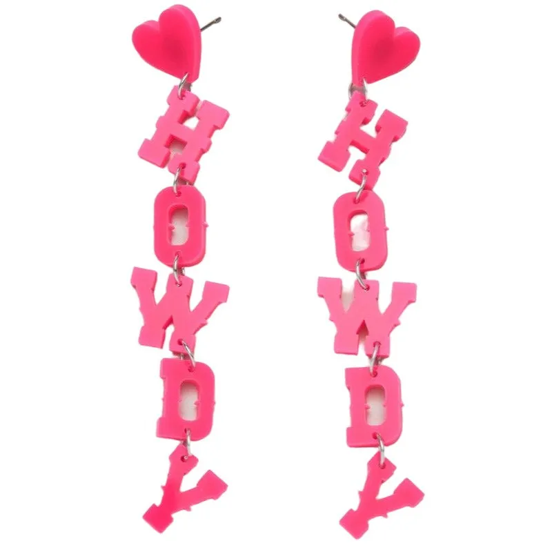 Bright Pink Long Dangle Howdy Earrings KE20201